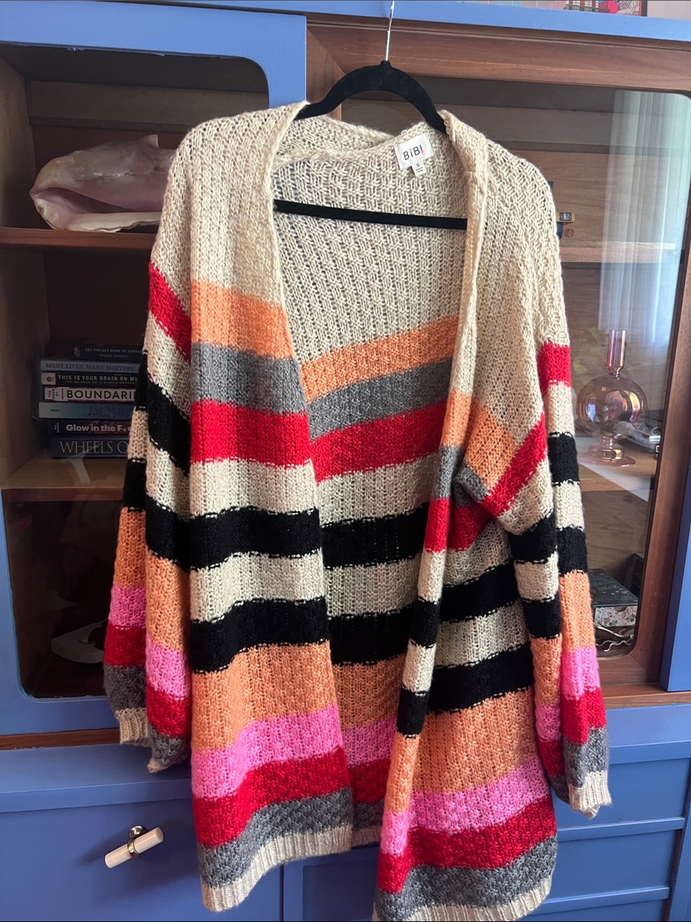 BiBi Cream Open-Front Cardigan with Pink, Red, Orange & Black Stripes